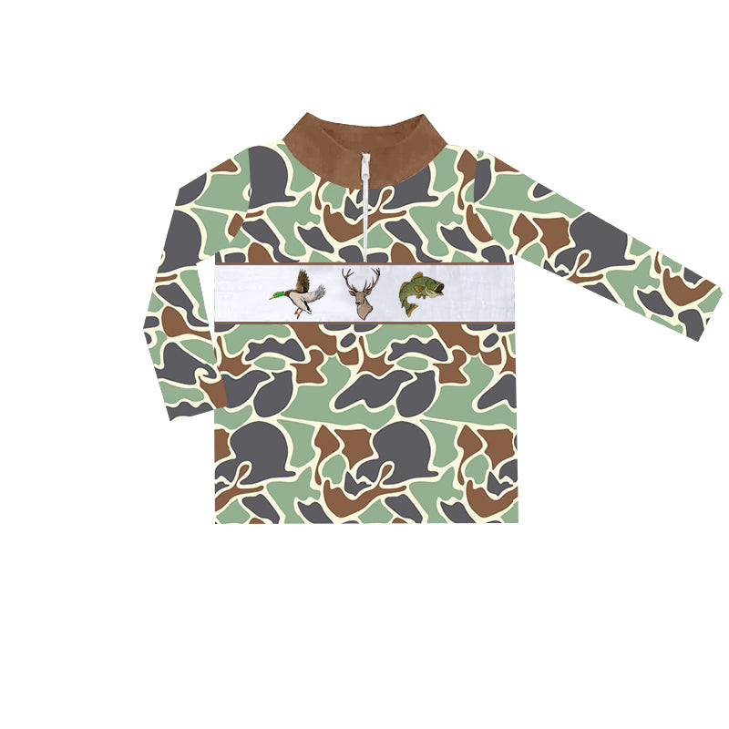 Preorder BT0902 Duck elk fish camo brown green zip-up long-sleeved top