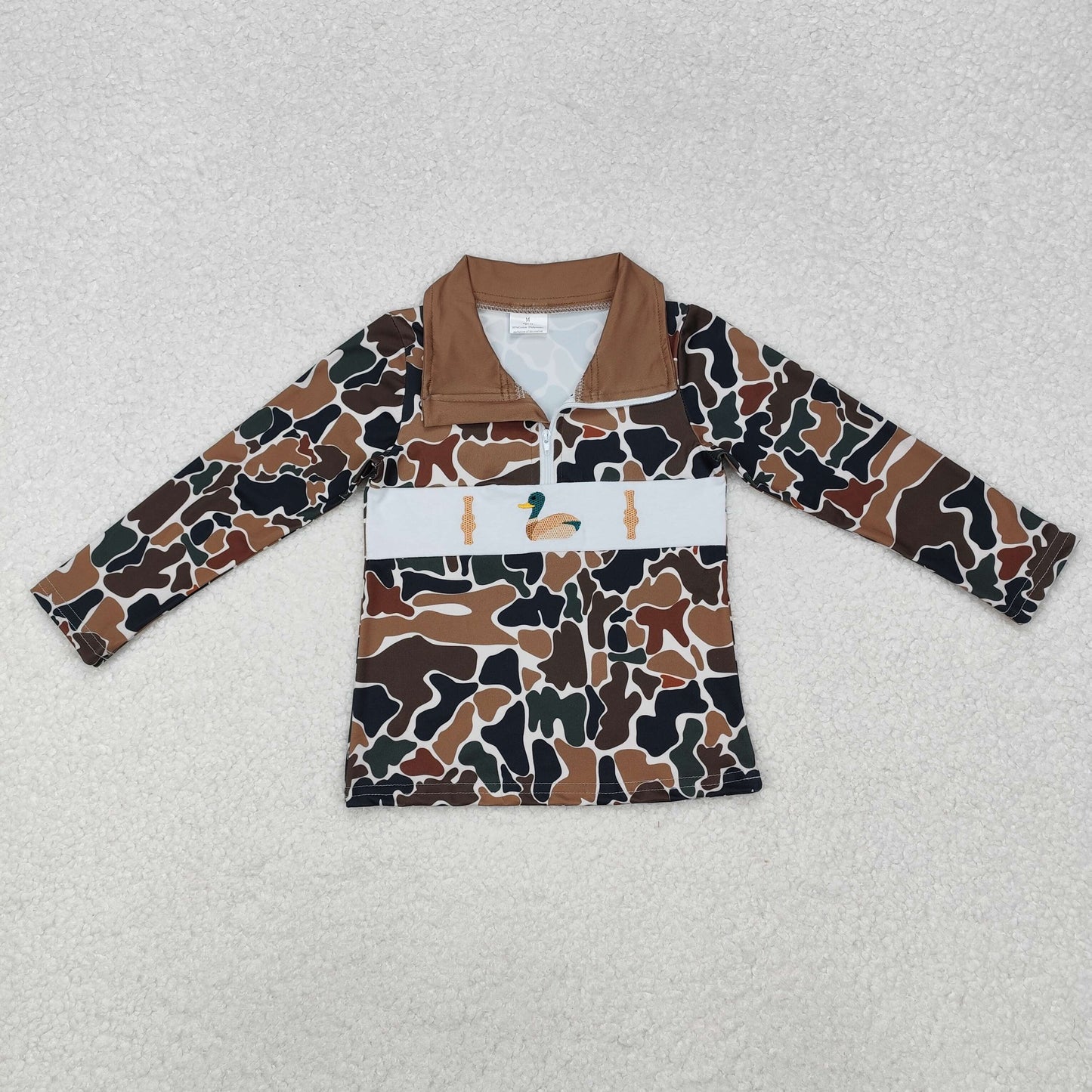 BT0903 Embroidered Bottle Duck Hunting Brown Camouflage Zip Collar Long Sleeve Boys Top RTS 20241127