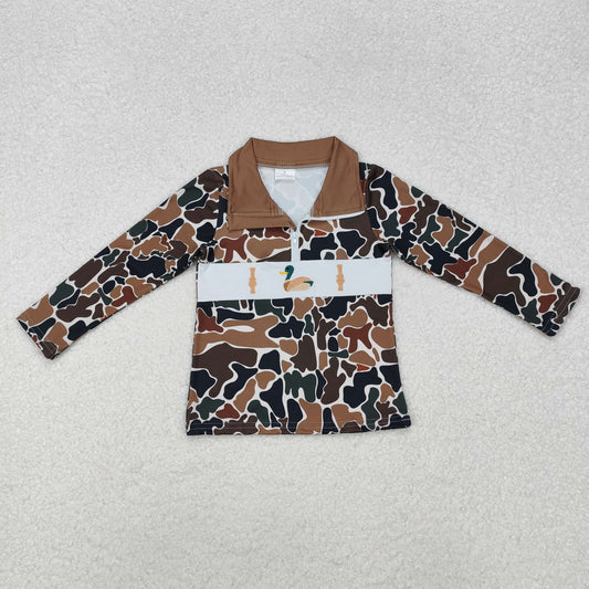BT0903 Embroidered Bottle Duck Hunting Brown Camouflage Zip Collar Long Sleeve Boys Top RTS 20241127