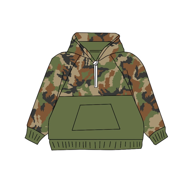 Preorder BT0911 Camo green zip-up pocket hooded long-sleeved top