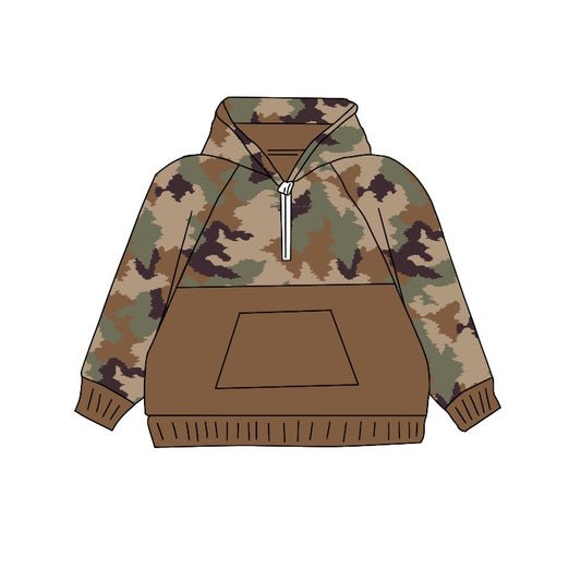 Preorder BT0912 Camouflage brown zip-up pocket hooded long-sleeved top