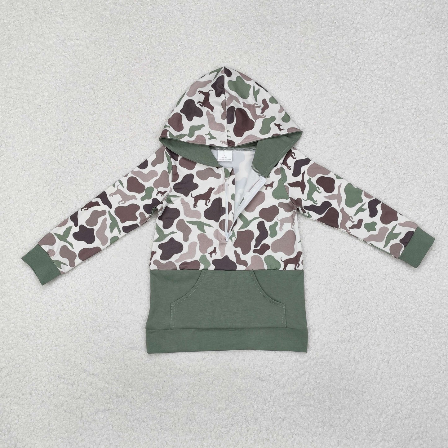 BT0914 Puppy Duck Hunting Pocket Green Camouflage Zipper Hooded Long-Sleeved Boys Top RTS 20241129
