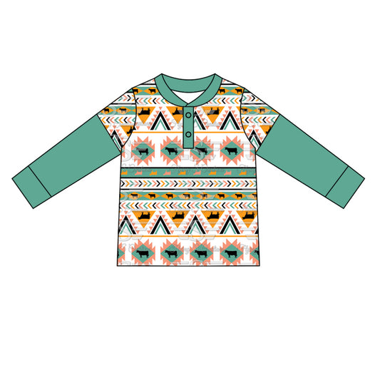 Preorder BT0924 Bull geometry splicing green long sleeve top