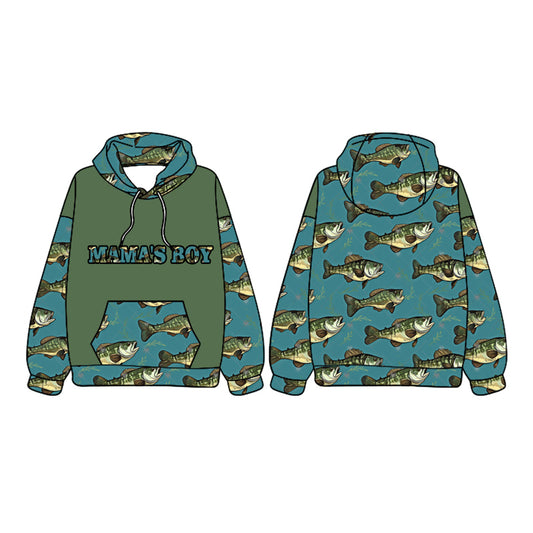 Preorder BT1025 mama's boy fish pocket teal hooded long-sleeved top