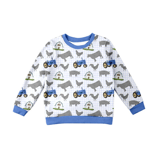 Preorder BT1057 Farm animal tractor plaid blue long-sleeved top