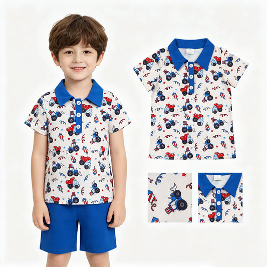 BT1163 4th of July Star Trucks Blue Polo Beige Short Sleeve Boys Top T-shirts 202605 RTS