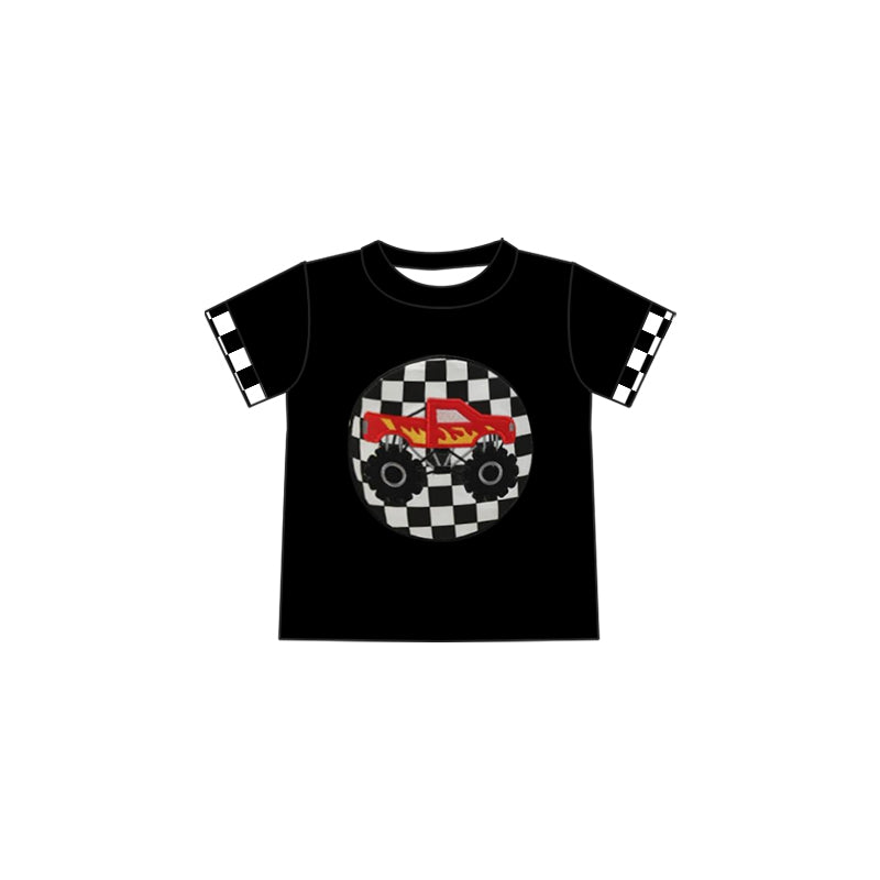Preorder BT1176 Boys clothes Off-road vehicle Black checkerboard short sleeve shirts Boutique Summer clothes  202502