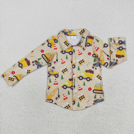 BT1254 Christmas Truck Brown Button  Polo Neck Long Sleeve Boys Top 202508 RTS