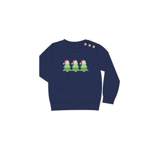 preorder BT1260 Christmas Tree Hat Navy Blue Long Sleeve Top Boys Boutique Outfits  202505