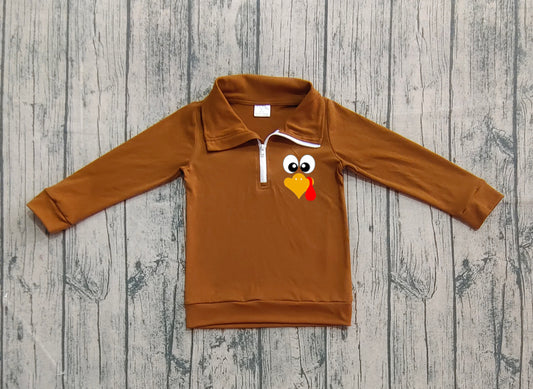preorder BT1265 Boys Boutique Embroidered Turkey Brown Long Sleeve Top   202506