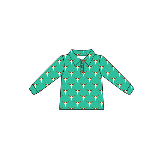 preorder BT1281 Boys Boutique Cow Pattern Cowboy Green Polo Long Sleeve Top   202506