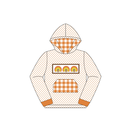 preorder BT1283 Boys Boutique Turkey Orange Plaid Pocket Polka Dot Hooded Long Sleeve Top  202507