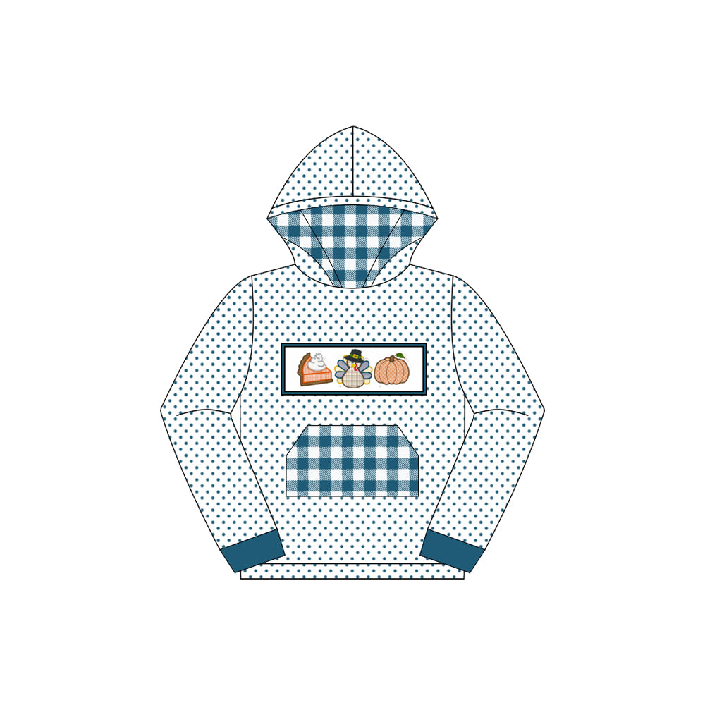 preorder BT1287 Boys Boutique Cake Turkey Pumpkin Blue Plaid Pocket Polka Dot Hooded Long Sleeve Top 202507