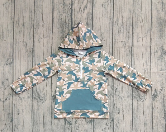 preorder BT1301 Duck Hunting Blue Green Pocket Hooded Long Sleeve Boys Top 202508