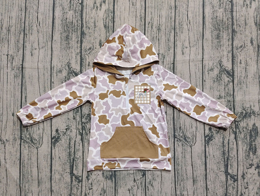 preorder BT1302 Embroidered Duck Hunting Light Brown Hooded Long Sleeve Boys Top 202508