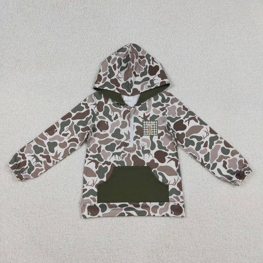 BT1304 Embroidered Puppy Duck Hunting Gray Green Hooded Long Sleeve Boys Top 202510 RTS