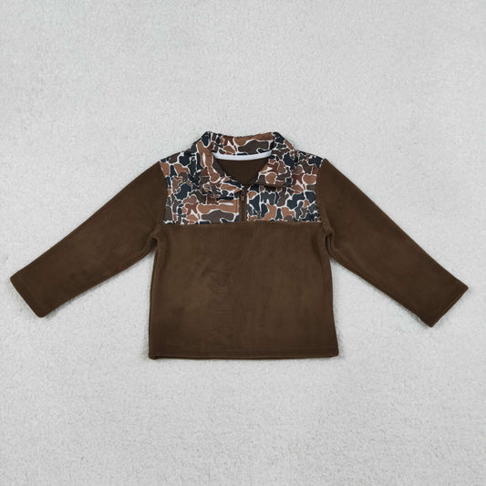 BT1309 Brown Camouflage Zipper Collar Plush Long Sleeve Boys Top 202508