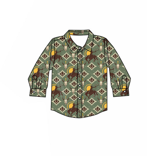 preorder BT1314 Cowboy Gray Green Button Polo Long Sleeve Boys Top 202508
