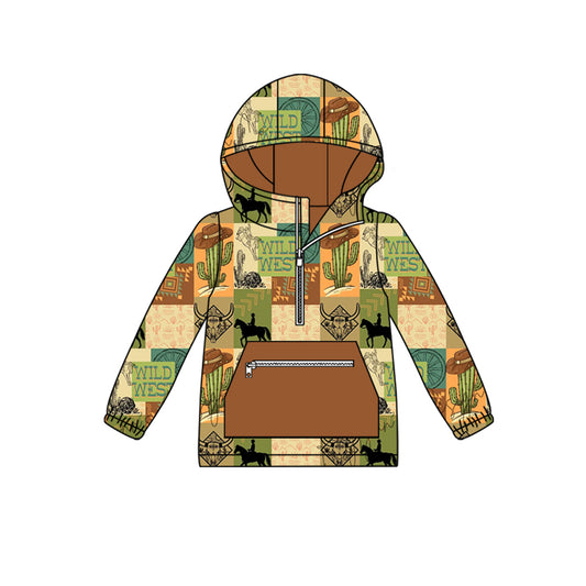 preorder BT1319 Cowboy Brown Green Plaid Zippy Hooded Long-Sleeved Boys Top 202508