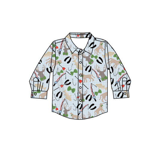 preorder BT1322 Puppy Fish Plaid Gray Blue Polo Long-Sleeved Boys Top 202508