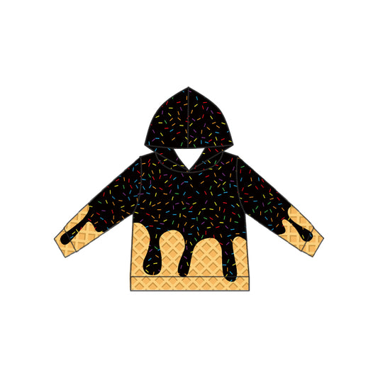 preorder BT1323 Waffle Ice Cream Black Drip Hooded Long Sleeve Boys Top 202508