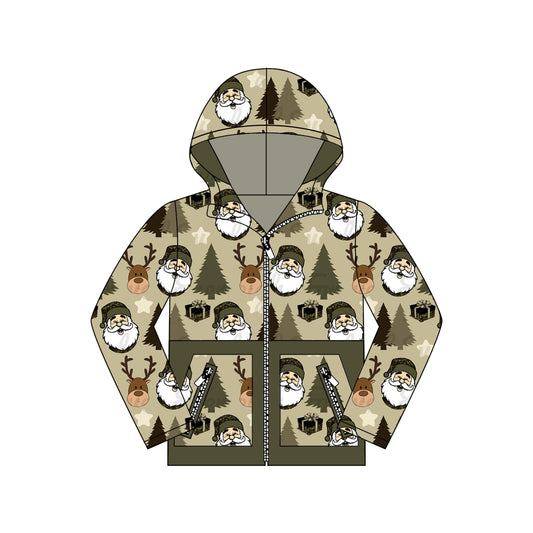 preorder BT1328 Christmas Army Green Hooded Zippy Long Sleeve Boys Top 202508