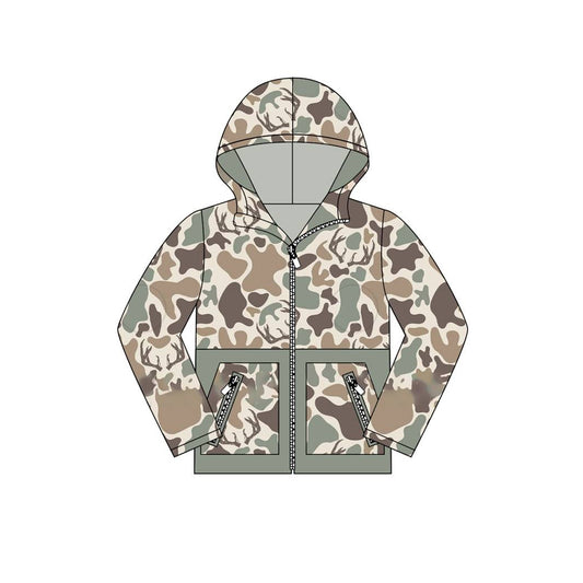 preorder BT1335 Deer Hunting Gray Green Camo Hooded Zippy Long Sleeve Boys Top 202508