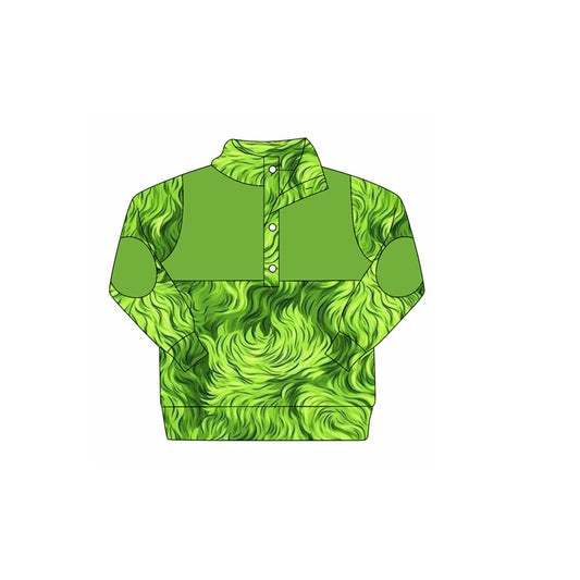 preorder BT1340 Christmas Grinch Fur Green Button Collar Long Sleeve Boys Top 202508