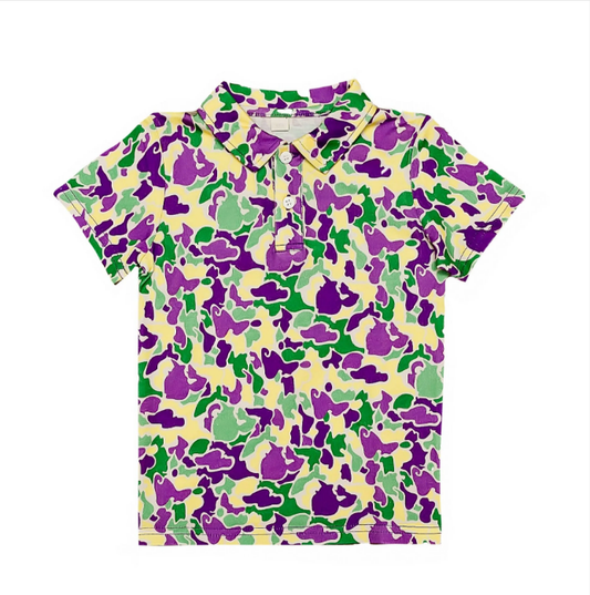 preorder BT1344 Purple Camouflage Polo Short Sleeve Boys Top 202508