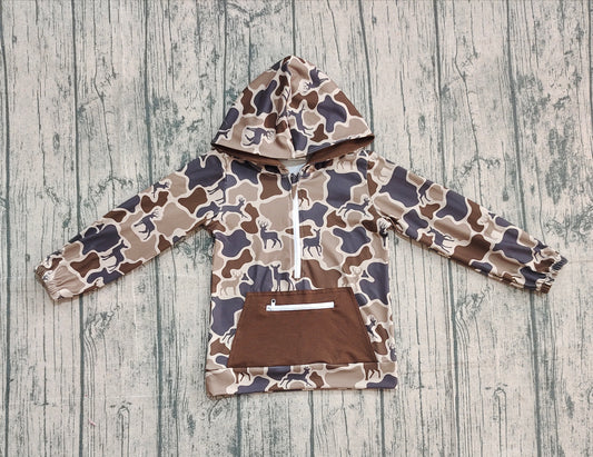 NO MOQ preorder BT1348 Deer Hunting Dark Brown Zip up Hooded Long Sleeve Boys Top 202509