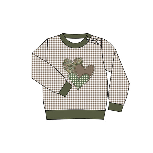 MOQ 8 preorder BT1352  Valentine's Day Army Green Plaid Love Long Sleeve Boys Top 202509