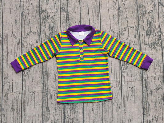 NO MOQ preorder BT1358 Mardi Gras Yellow Green Purple Stripe Polo Long Sleeve Boys Top 202511