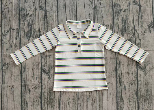 NO MOQ preorder BT1375 Mardi Gras Polo Stripe Long Sleeve Boys Top 202510