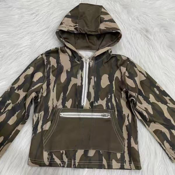 MOQ 8 preorder BT1385 Army Green Camouflage Leaf Zip up Collar Hooded Long Sleeve Boys Top 202509