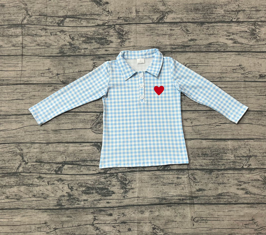 NO MOQ preorder BT1386 Embroiered Valentine's Day Love Blue Plaid Polo Long Sleeve Boys Top 202510