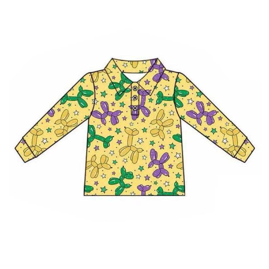 MOQ 8 preorder BT1388 Mardi Gras Yellow Polo Long Sleeve Boys Top 202509