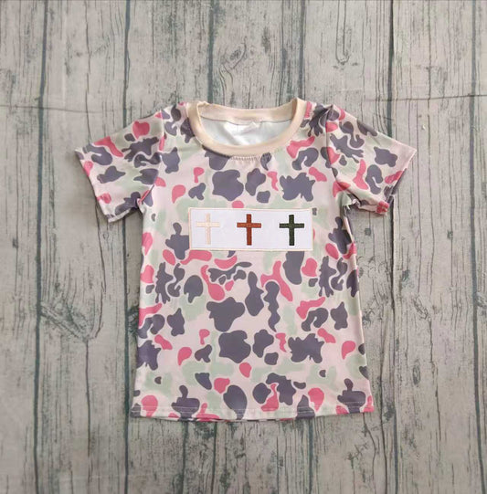 NO MOQ preorder BT1395 Embroidered Easter Cross Camo Short Sleeve Boys Top 202511