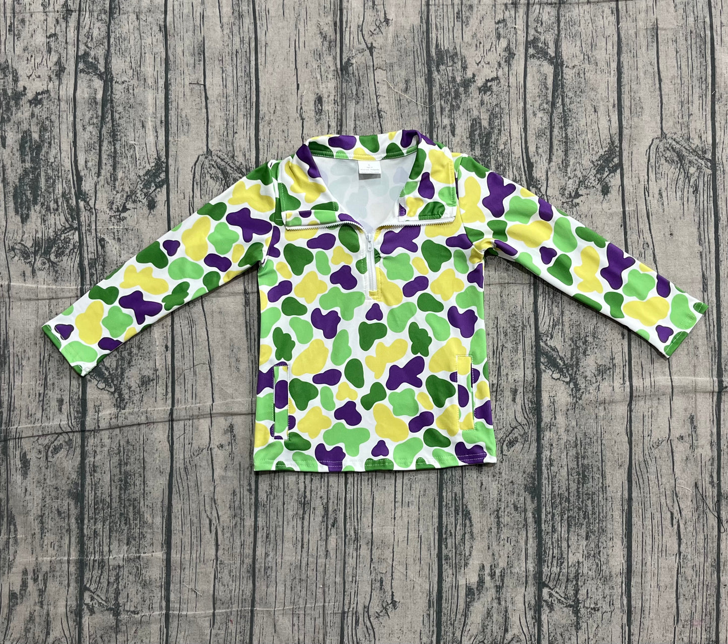 NO MOQ preorder BT1400 Mardi Gras Yellow Green Purple Zip up Collar Long Sleeve Boys Top 202510