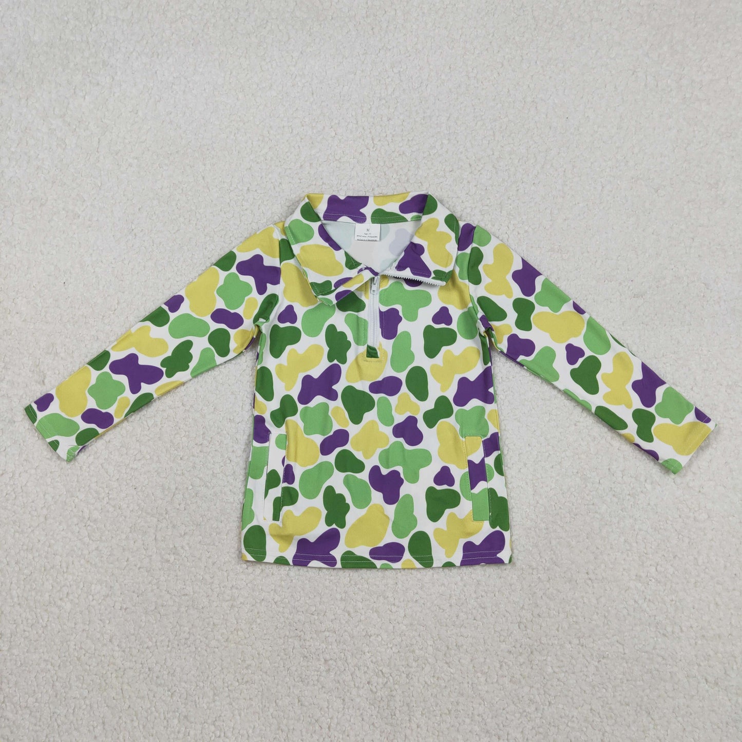 BT1400 Mardi Gras Yellow Green Purple Zip up Collar Long Sleeve Boys Top 202511 RTS