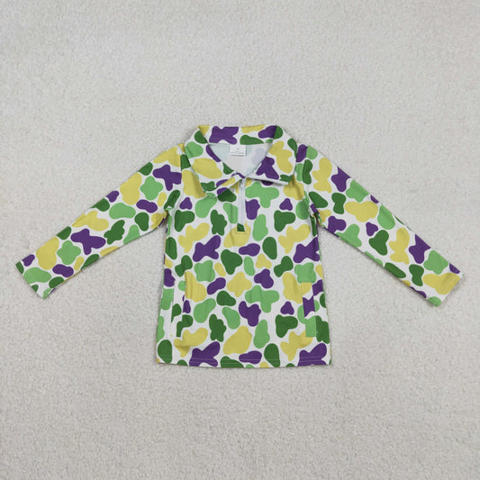 BT1400 Mardi Gras Yellow Green Purple Zip up Collar Long Sleeve Boys Top 202511 RTS