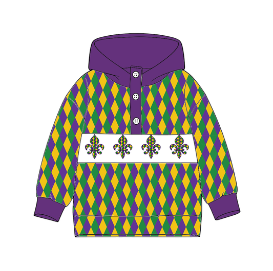 MOQ 5 preorder BT1403 Mardi Gras Plaid Purple Hooded Long Sleeve Boys Top 202510