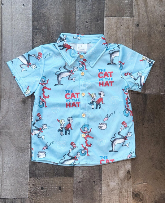 MOQ 5 preorder BT1407 Dr Seuss Cat Hat Blue Polo Button Short Sleeve Boys Top 202510