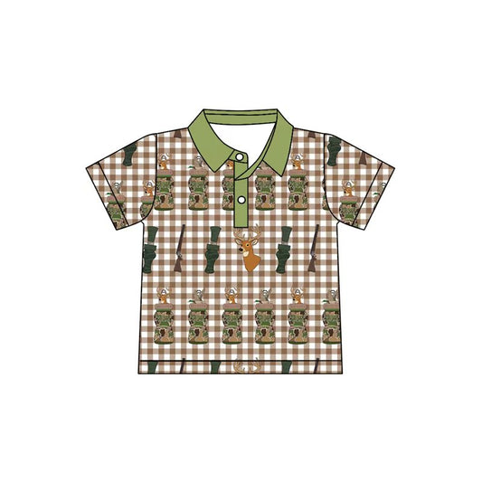 MOQ 8 preorder BT1410 Deer Hunting Brown Plaid Green Polo Neck Short Sleeve Boys Top 202510