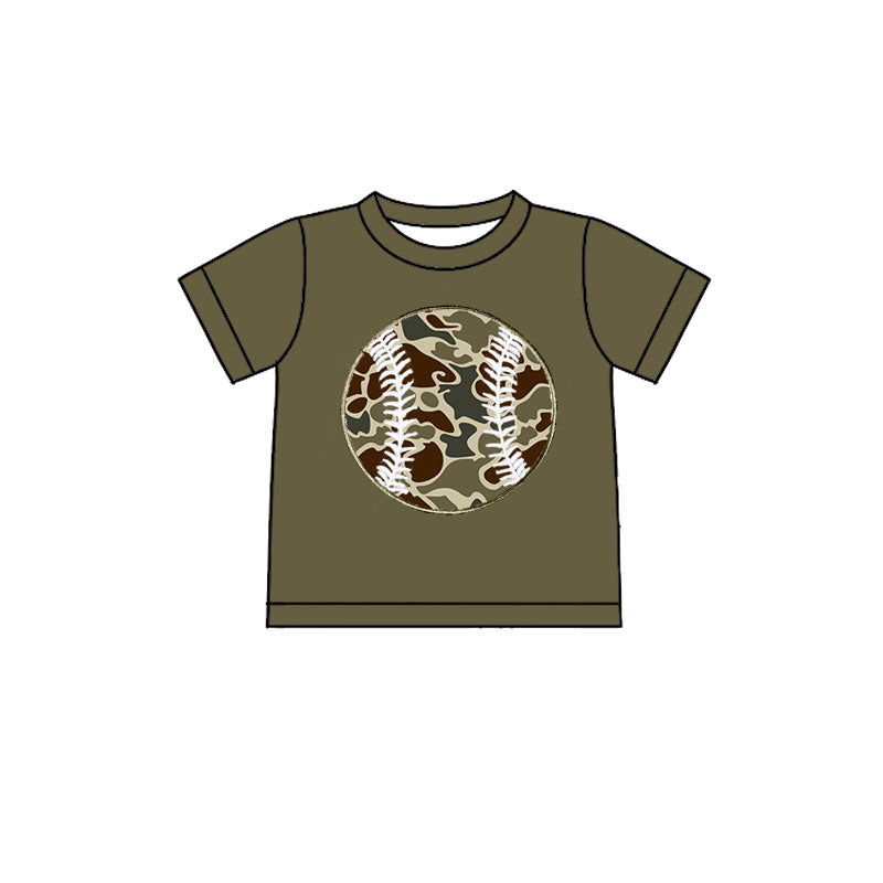 MOQ 5 preorder BT1434 Dark Army Green Camouflage Baseball Short Sleeve Boys Top 202510