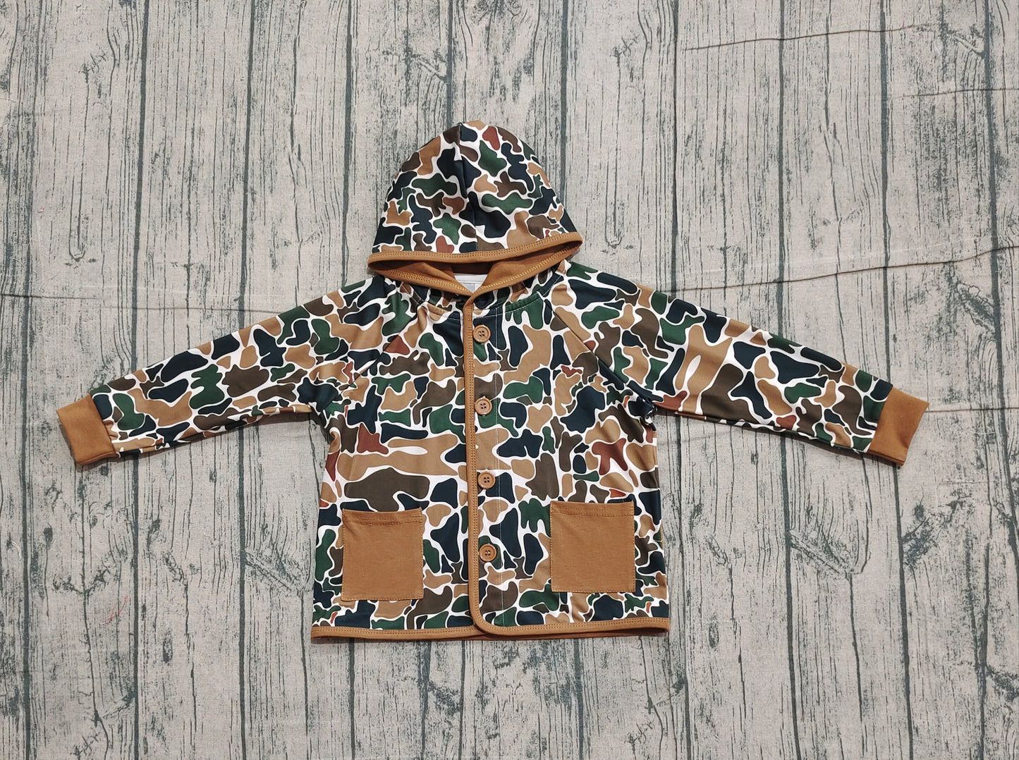 NO MOQ preorder BT1442 Brown Green Camouflage Pocket Hooded Long Sleeve Boys Top 202510