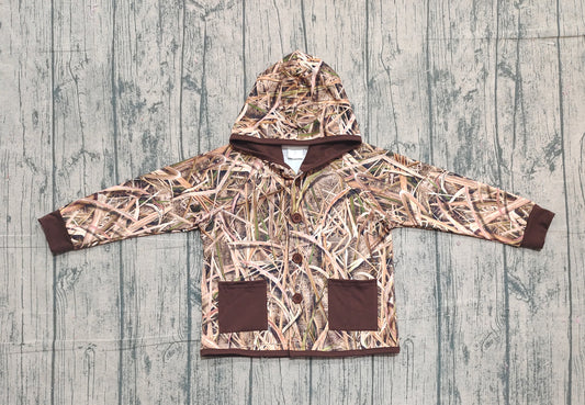 NO MOQ preorder BT1443 Brown Leaves Pocket Hooded Long Sleeve Boys Top 202510
