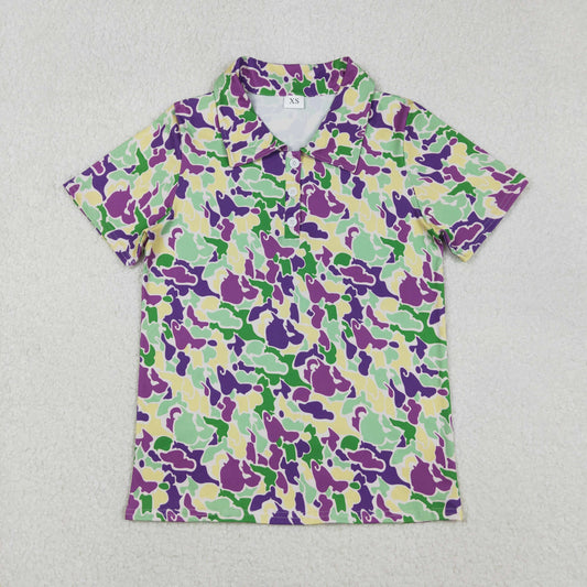 BT1452 Adult Male Mardi Gras Purple Camouflage Polo Short Sleeve Top 202511 RTS