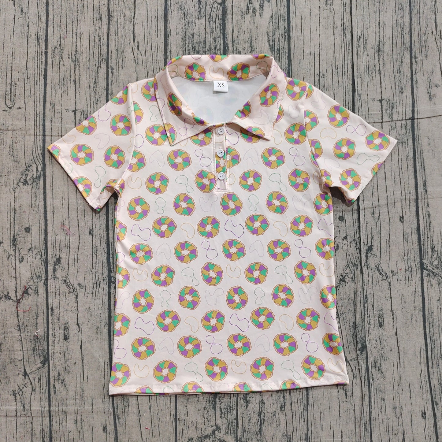 NO MOQ Preorder BT1453 Adult Male Mardi Gras Necklace Donut Button Neck Beige Polo Short Sleeve Top 202510
