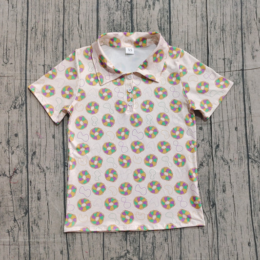 NO MOQ Preorder BT1453 Adult Male Mardi Gras Necklace Donut Button Neck Beige Polo Short Sleeve Top 202510