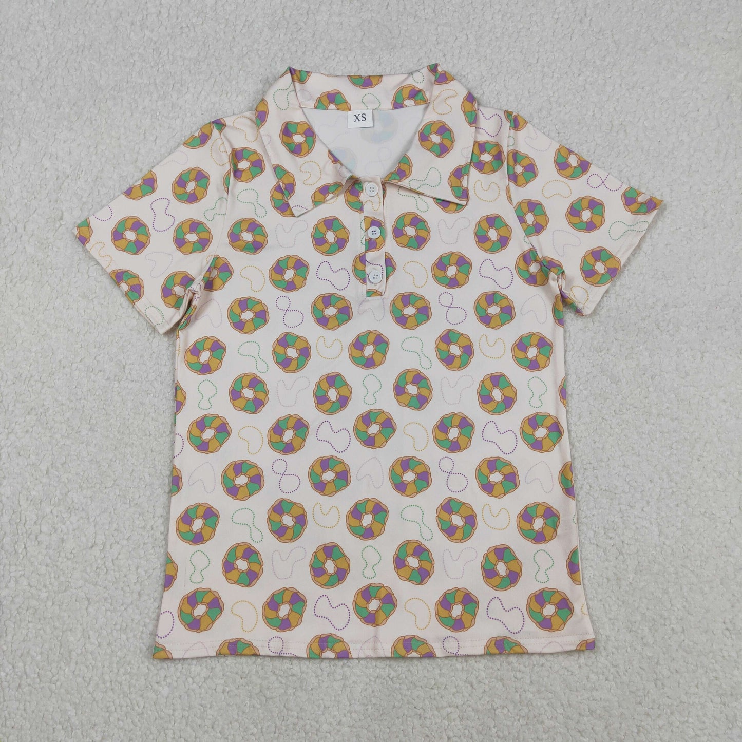 BT1453 Adult Male Mardi Gras Necklace Donut Button Neck Beige Polo Short Sleeve Top 202511